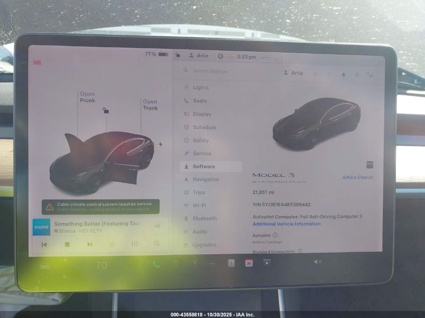 2019 Tesla Model 3 VIN: 5YJ3E1EA4KF399442 Lot: 43558818