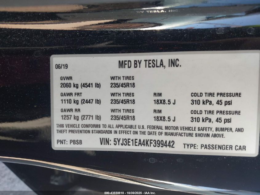 2019 Tesla Model 3 VIN: 5YJ3E1EA4KF399442 Lot: 43558818