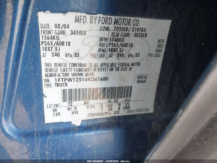 2004 Ford F-150 Lariat/Xlt VIN: 1FTPW12514KD61680 Lot: 43558827