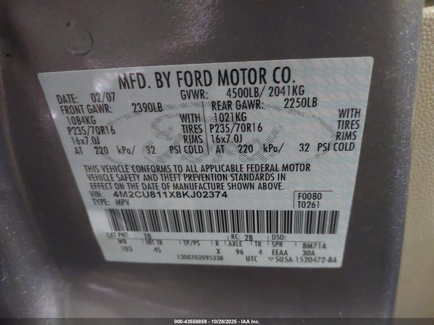 2008 Mercury Mariner V6 VIN: 4M2CU811X8KJ02374 Lot: 43558859