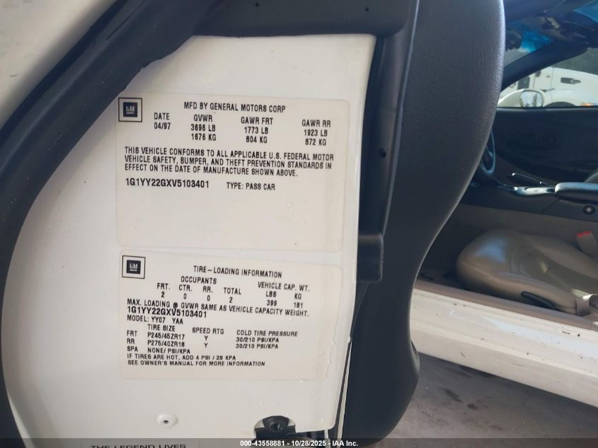 1997 Chevrolet Corvette VIN: 1G1YY22GXV5103401 Lot: 43558881