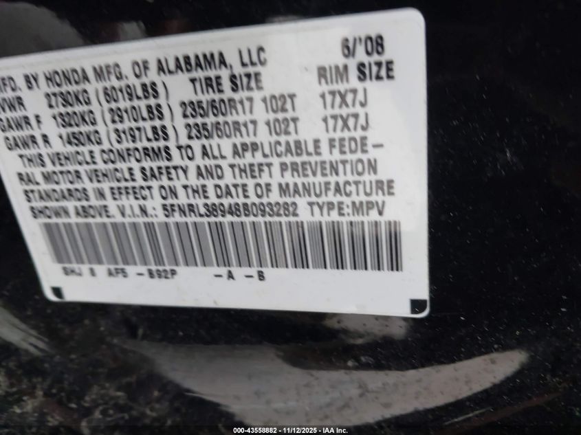 2008 Honda Odyssey Touring VIN: 5FNRL38948B093282 Lot: 43558882