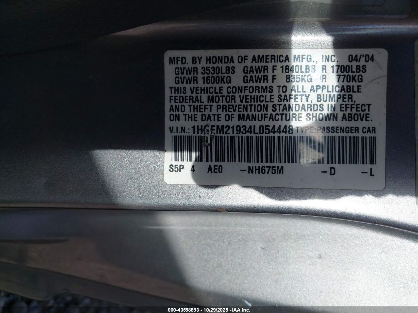 2004 Honda Civic Ex VIN: 1HGEM21934L054448 Lot: 43558893