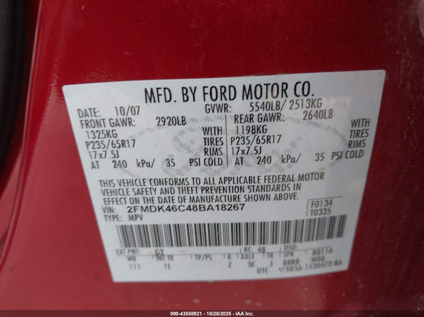 2008 Ford Edge Se VIN: 2FMDK46C48BA18267 Lot: 43558921