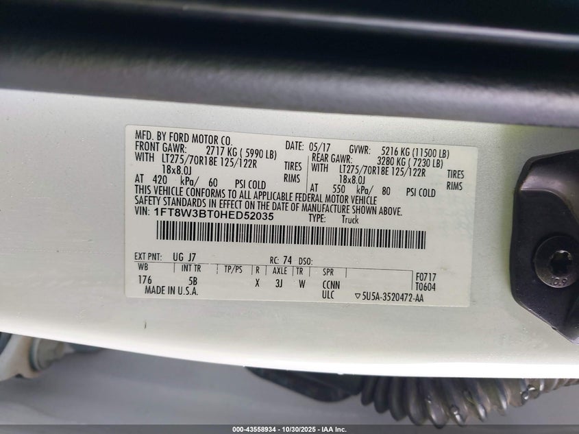 2017 Ford F-350 Lariat VIN: 1FT8W3BT0HED52035 Lot: 43558934