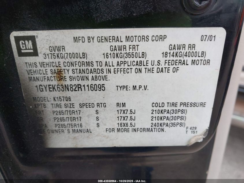 2002 Cadillac Escalade Standard VIN: 1GYEK63N82R116095 Lot: 43558964