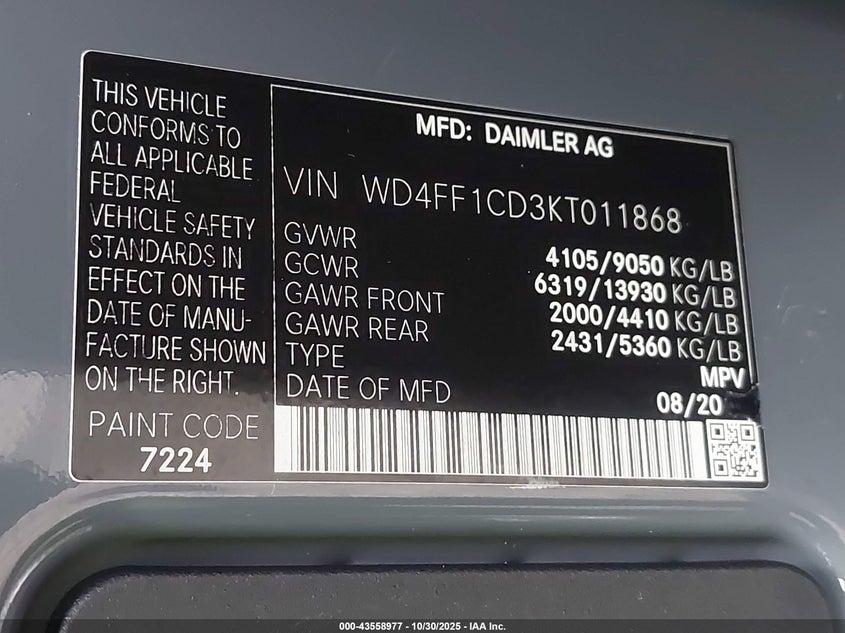 2019 Mercedes-Benz Sprinter 2500 High Roof V6 VIN: WD4FF1CD3KT011868 Lot: 43558977