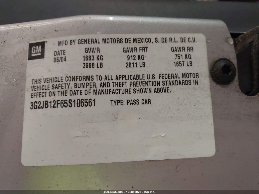 2005 Pontiac Sunfire VIN: 3G2JB12F65S106561 Lot: 43559003