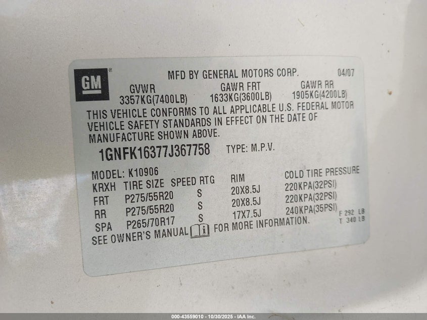 2007 Chevrolet Suburban 1500 Ltz VIN: 1GNFK16377J367758 Lot: 43559010