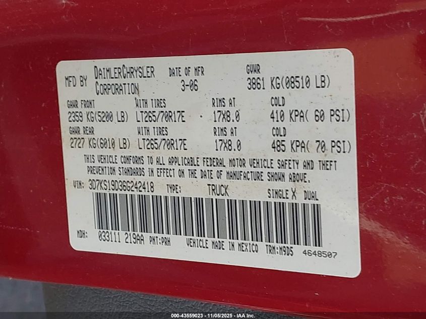 2006 Dodge Ram 1500 Slt VIN: 3D7KS19D36G242418 Lot: 43559023