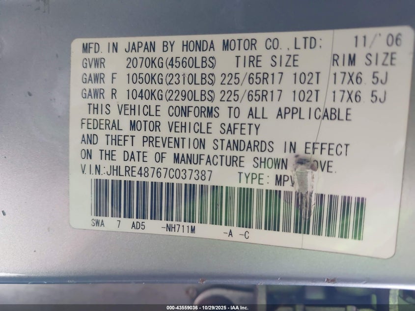 2007 Honda Cr-V Ex-L VIN: JHLRE48767C037387 Lot: 43559036