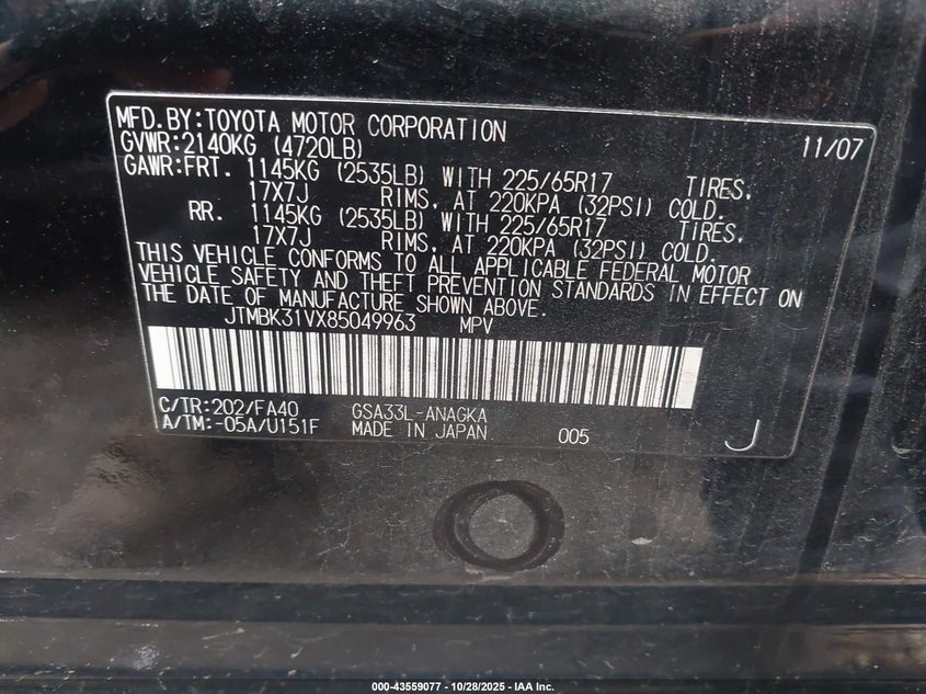 2008 Toyota Rav4 Limited V6 VIN: JTMBK31VX85049963 Lot: 43559077