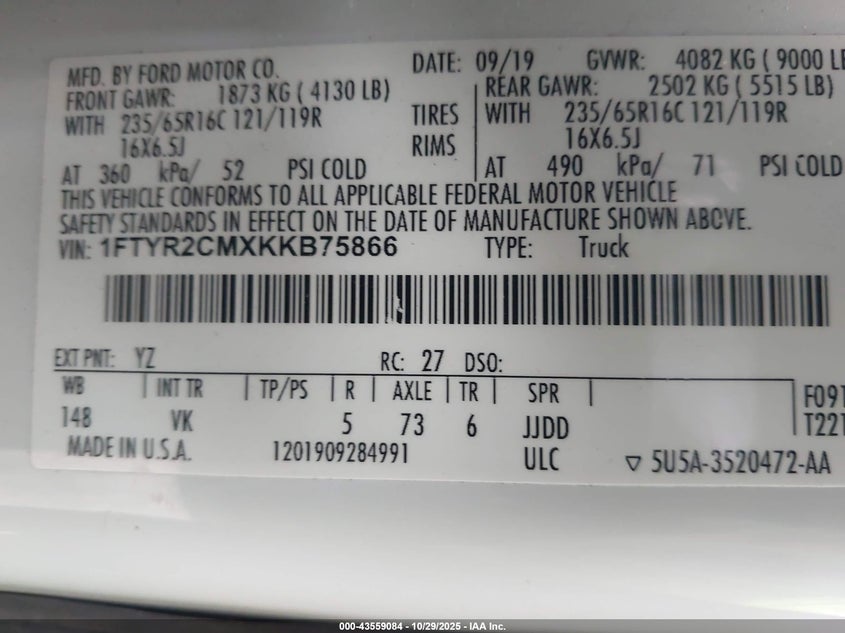 2019 Ford Transit-250 VIN: 1FTYR2CMXKKB75866 Lot: 43559084