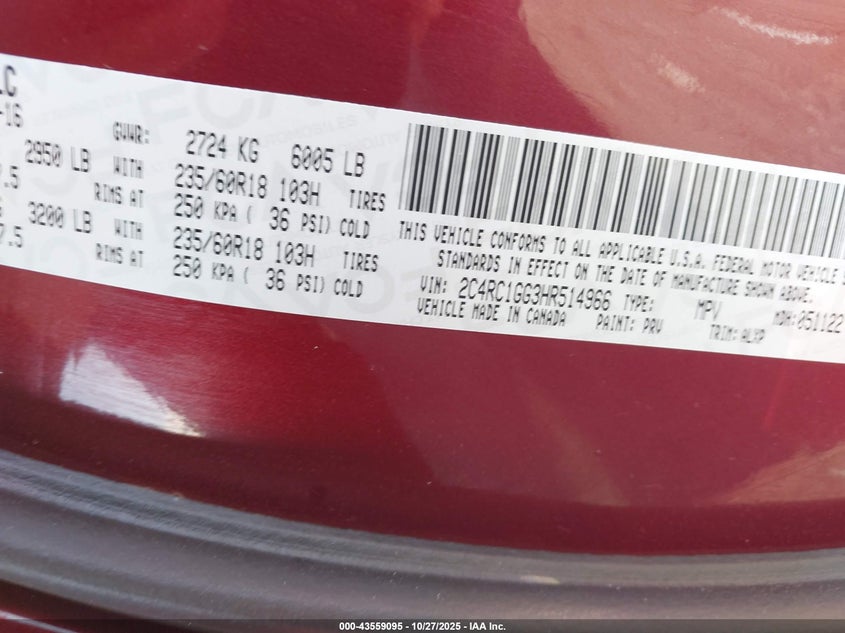 2017 Chrysler Pacifica Limited VIN: 2C4RC1GG3HR514966 Lot: 43559095