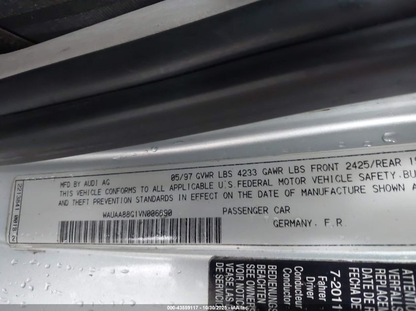1997 Audi Cabriolet VIN: WAUAA88G1VN006690 Lot: 43559117