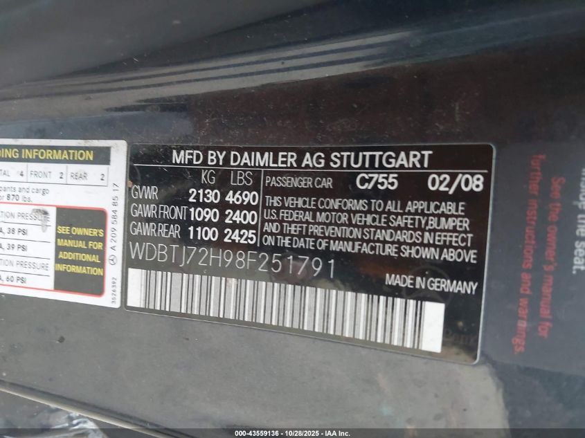 2008 Mercedes-Benz Clk 550 VIN: WDBTJ72H98F251791 Lot: 43559136