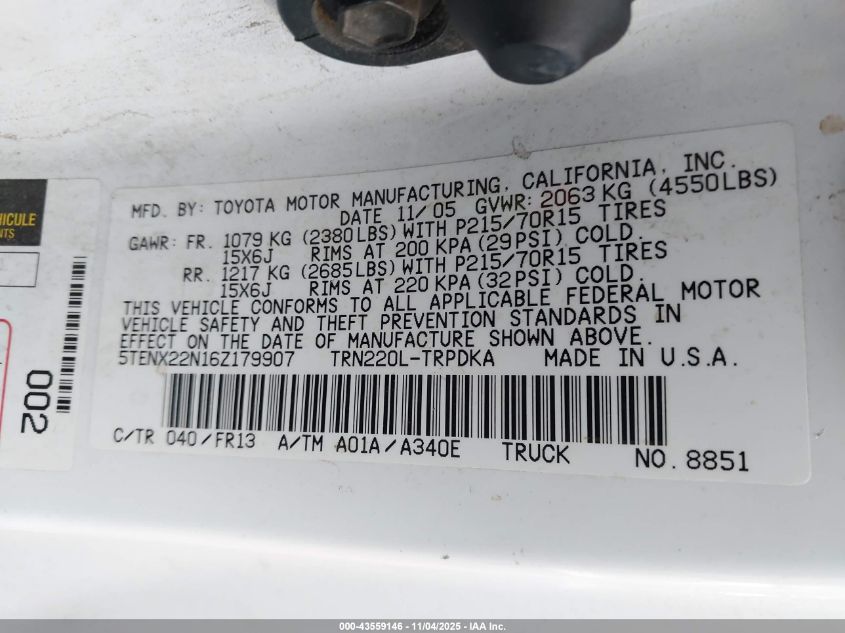 2006 Toyota Tacoma VIN: 5TENX22N16Z179907 Lot: 43559146