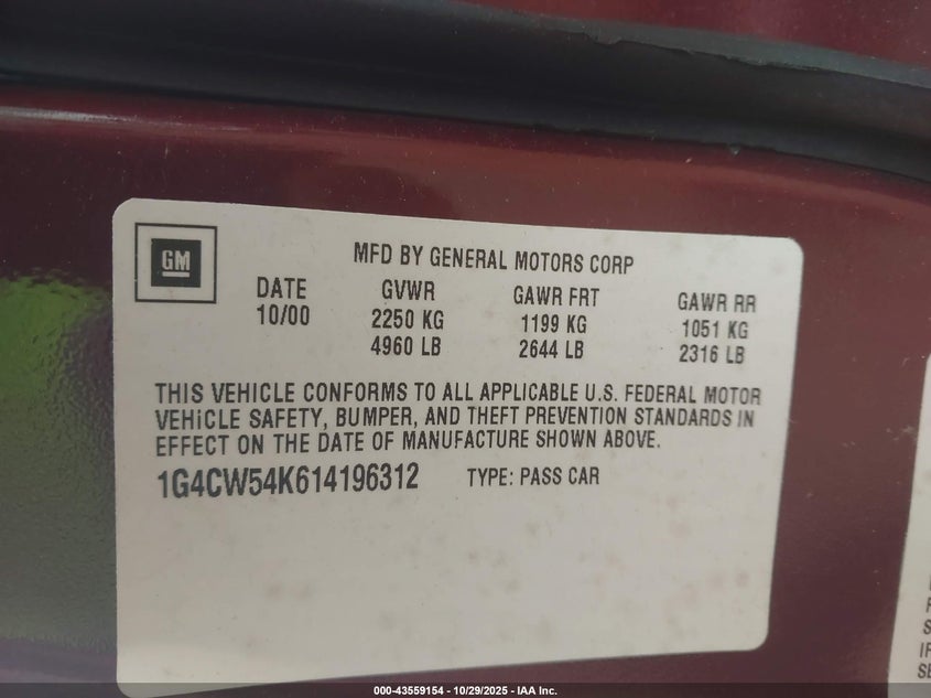 2001 Buick Park Avenue VIN: 1G4CW54K614196312 Lot: 43559154