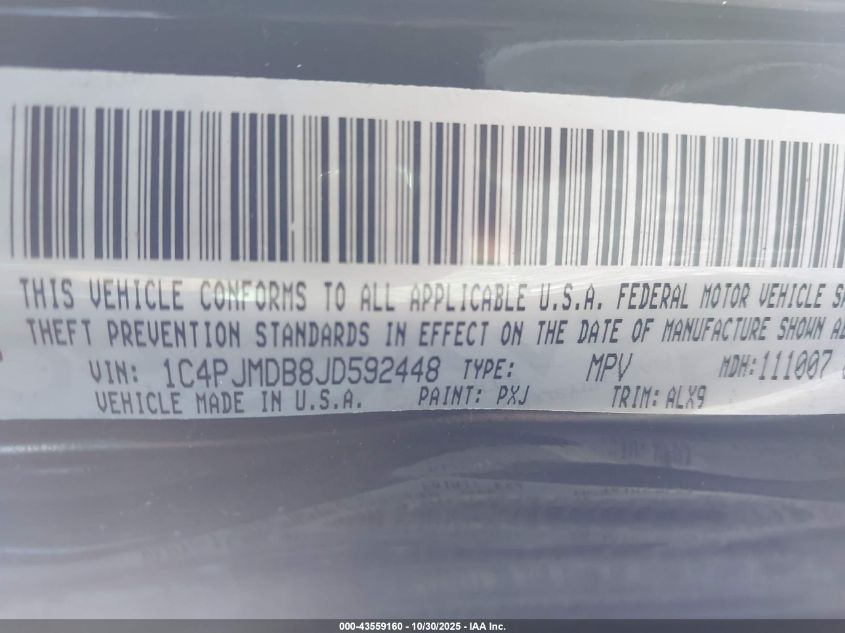 2018 Jeep Cherokee Limited 4X4 VIN: 1C4PJMDB8JD592448 Lot: 43559160