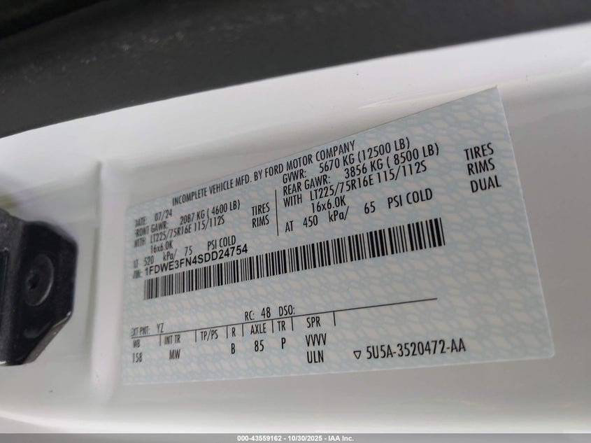 2025 Ford E-350 Cutaway VIN: 1FDWE3FN4SDD24754 Lot: 43559162