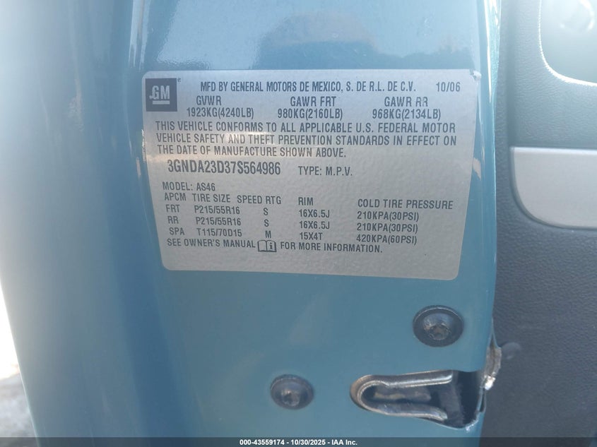 2007 Chevrolet Hhr Lt VIN: 3GNDA23D37S564986 Lot: 43559174