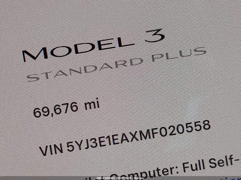 2021 Tesla Model 3 Standard Range Plus Rear-Wheel Drive VIN: 5YJ3E1EAXMF020558 Lot: 43559203