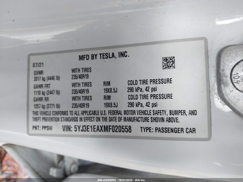 2021 Tesla Model 3 Standard Range Plus Rear-Wheel Drive VIN: 5YJ3E1EAXMF020558 Lot: 43559203