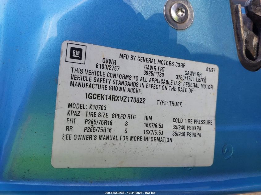 1997 Chevrolet K1500 Fleetside VIN: 1GCEK14RXVZ170822 Lot: 43559236