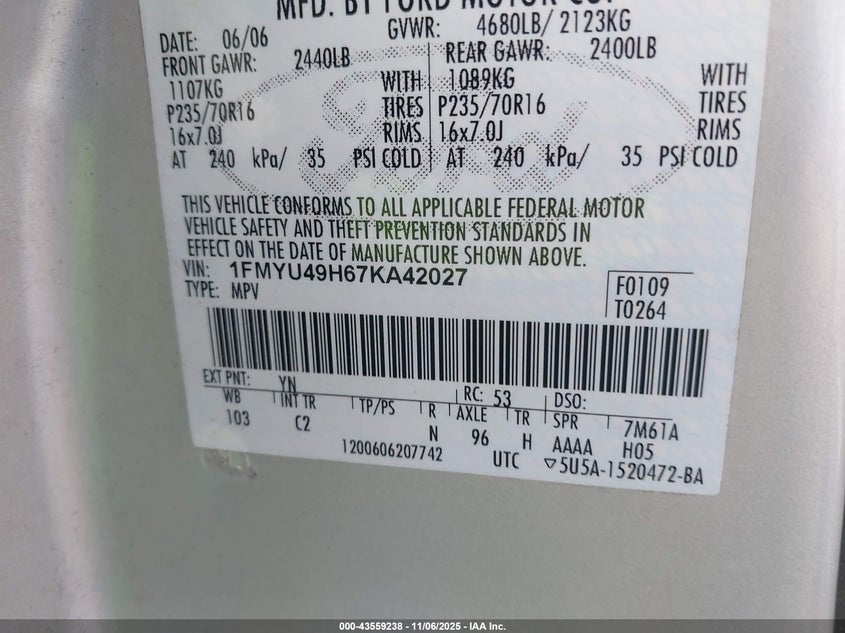 1FMYU49H67KA42027 2007 FORD ESCAPE photo no. 9