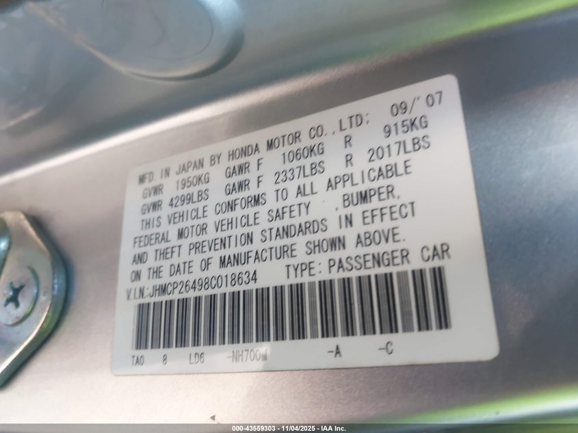 JHMCP26498C018634 2008 HONDA ACCORD photo no. 9