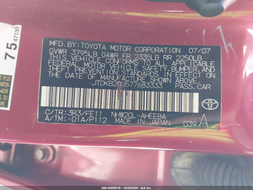 2007 Toyota Prius VIN: JTDKB20U577683333 Lot: 43559316