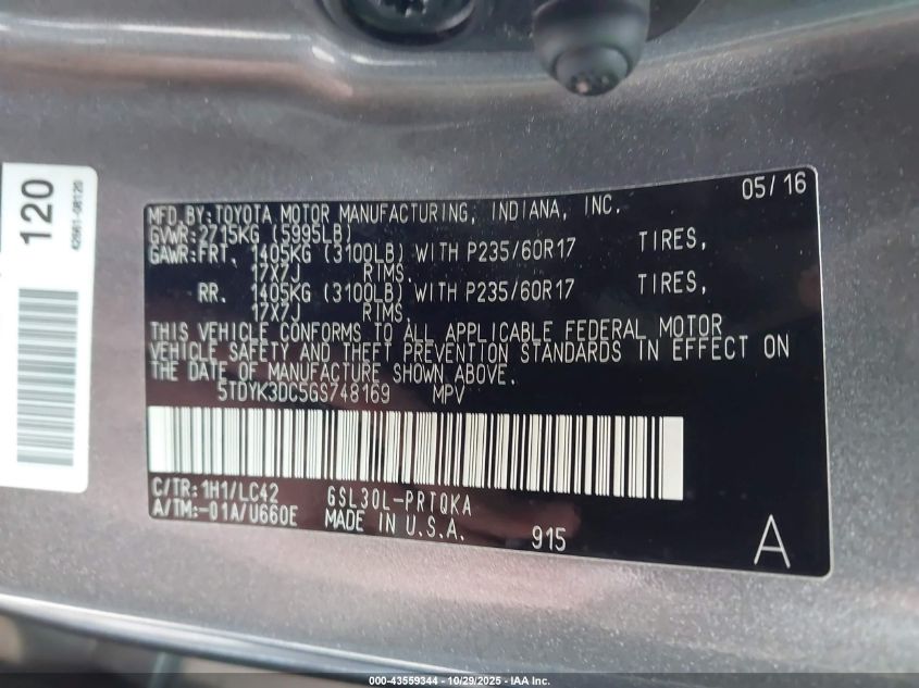 2016 Toyota Sienna Xle Premium 8 Passenger VIN: 5TDYK3DC5GS748169 Lot: 43559344