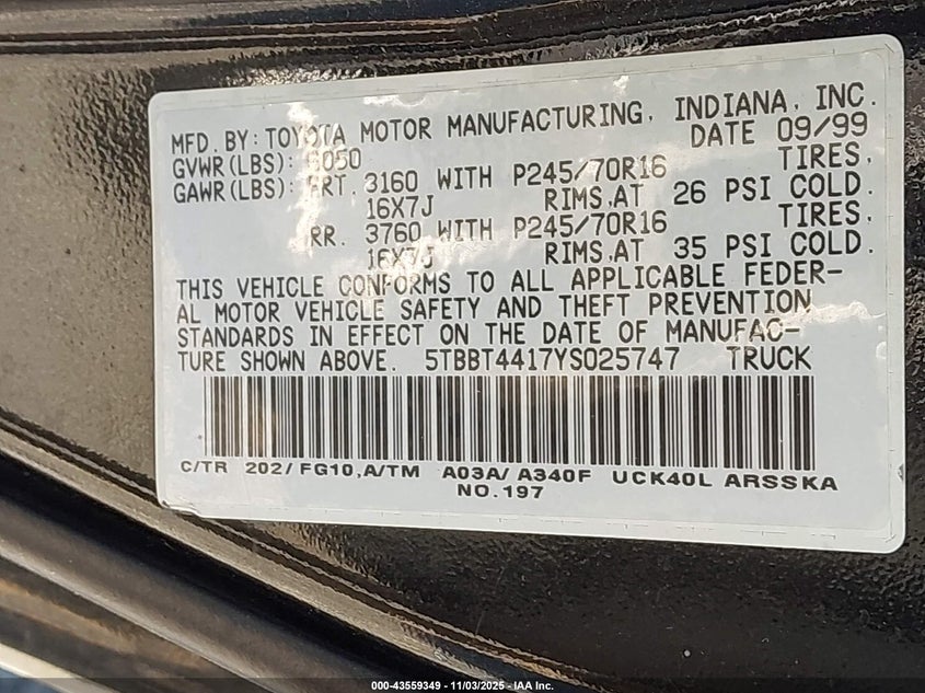 5TBBT4417YS025747 2000 TOYOTA TUNDRA photo no. 9
