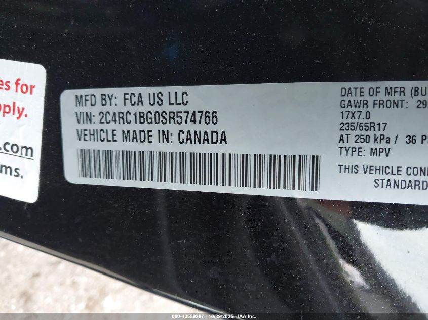 2025 Chrysler Pacifica Select VIN: 2C4RC1BG0SR574766 Lot: 43559367