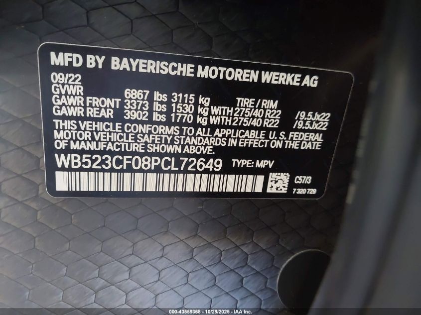 2023 BMW Ix xDrive50 VIN: WB523CF08PCL72649 Lot: 43559368