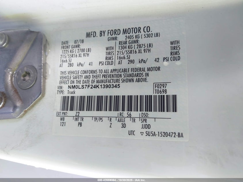 2019 Ford Transit Connect Xlt VIN: NM0LS7F24K1390345 Lot: 43559384