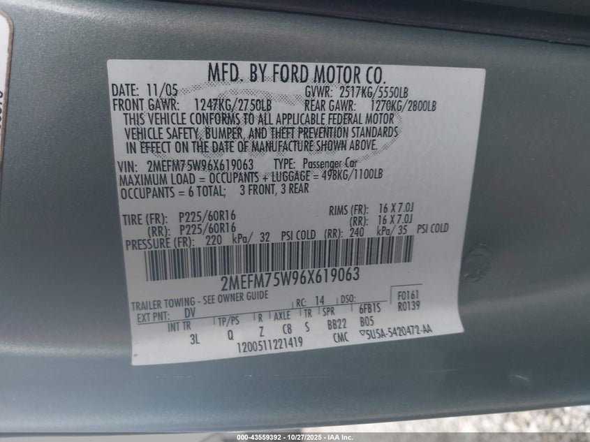 2006 Mercury Grand Marquis Ls VIN: 2MEFM75W96X619063 Lot: 43559392