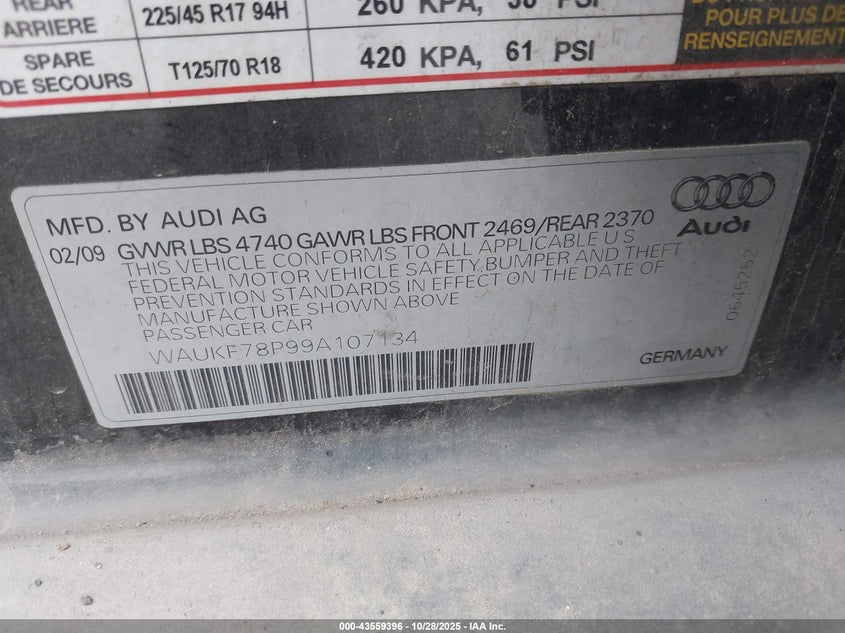 2009 Audi A3 2.0T VIN: WAUKF78P99A107134 Lot: 43559396
