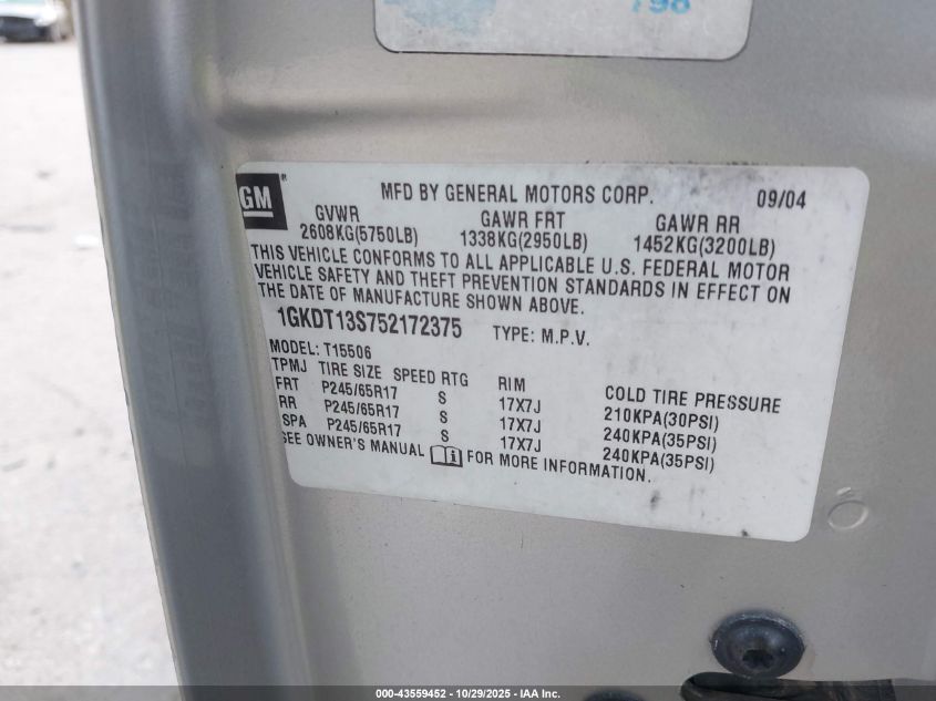 2005 GMC Envoy Sle VIN: 1GKDT13S752172375 Lot: 43559452