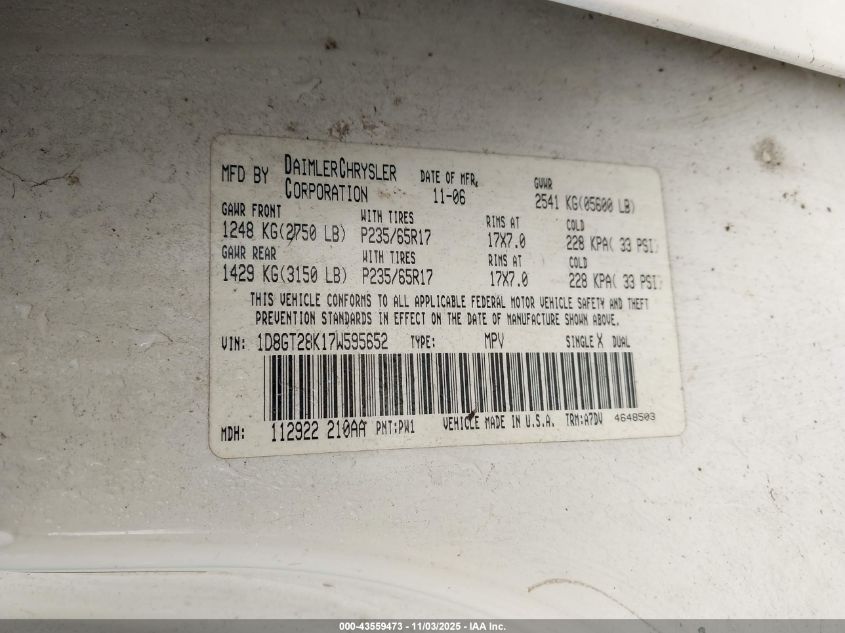 2007 Dodge Nitro Sxt VIN: 1D8GT28K17W595652 Lot: 43559473