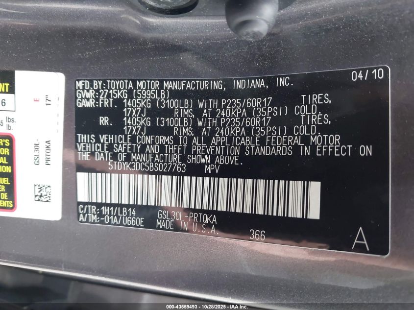 2011 Toyota Sienna Xle V6 VIN: 5TDYK3DC5BS027763 Lot: 43559493