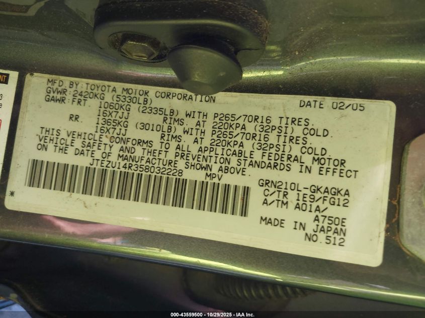 2005 Toyota 4Runner Sr5 V6 VIN: JTEZU14R358032228 Lot: 43559500