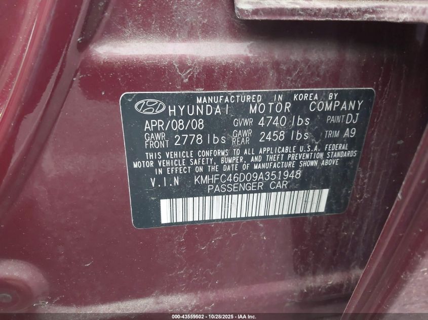 2009 Hyundai Azera Gls VIN: KMHFC46D09A351948 Lot: 43559502