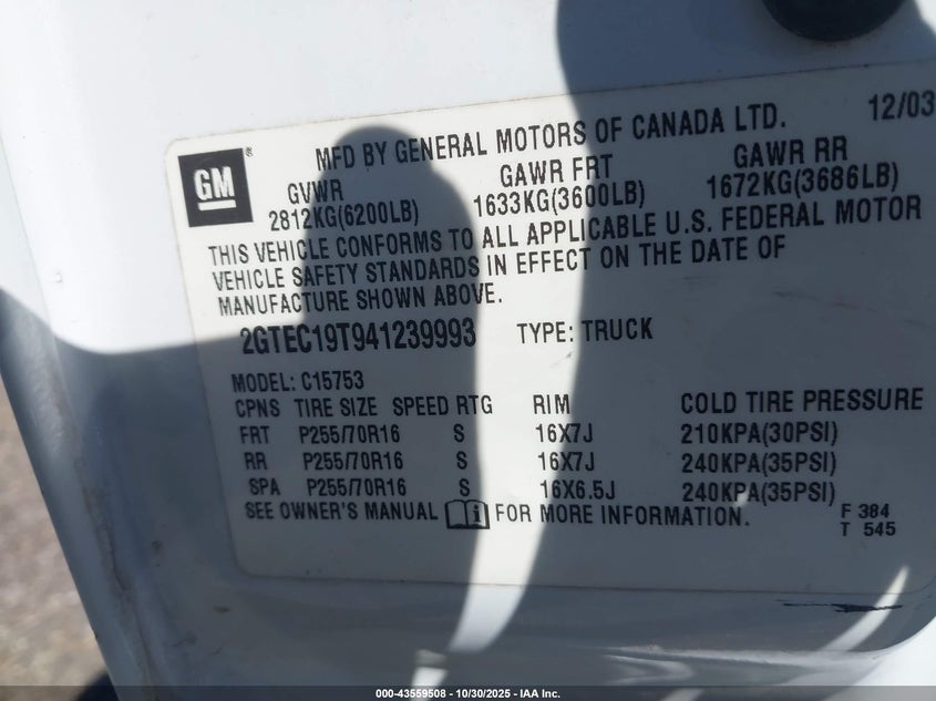 2004 GMC Sierra 1500 Sle VIN: 2GTEC19T941239993 Lot: 43559508