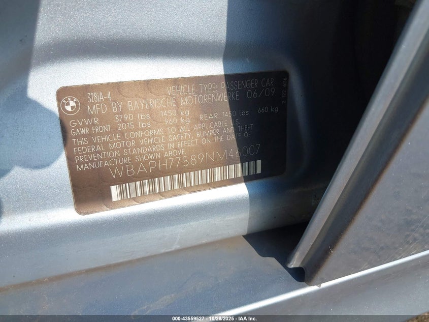 2009 BMW 328I VIN: WBAPH77589NM46007 Lot: 43559527