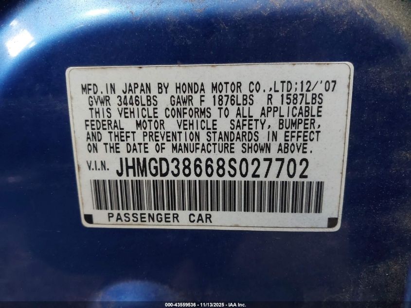 2008 Honda Fit Sport VIN: JHMGD38668S027702 Lot: 43559536