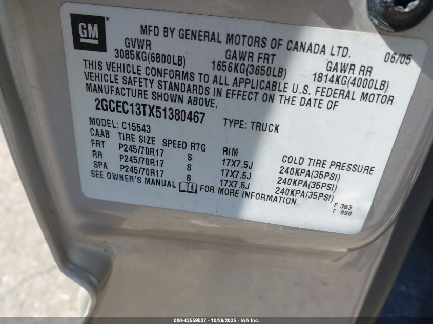 2005 Chevrolet Silverado 1500 Lt VIN: 2GCEC13TX51380467 Lot: 43559537