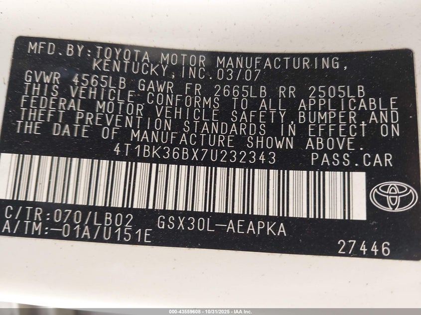 2007 Toyota Avalon Limited VIN: 4T1BK36BX7U232343 Lot: 43559608