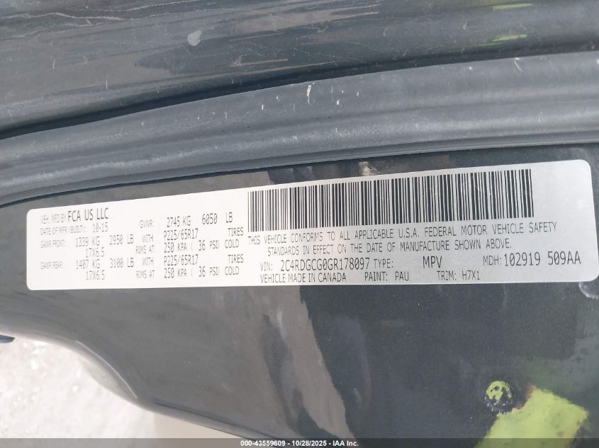 2016 Dodge Grand Caravan Sxt VIN: 2C4RDGCG0GR178097 Lot: 43559609