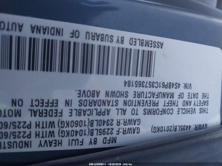 2005 Subaru Outback 2.5I VIN: 4S4BP61C357365184 Lot: 43559611